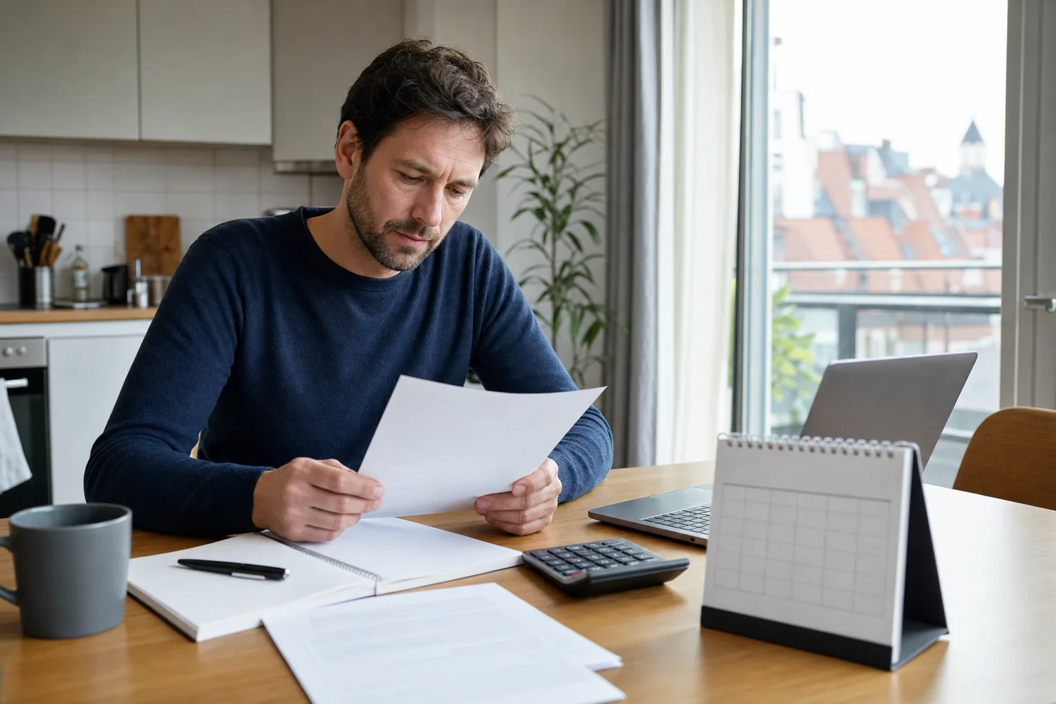 Beschäftigter prüft Unterlagen und plant sein Budget während der Arbeitslosigkeit