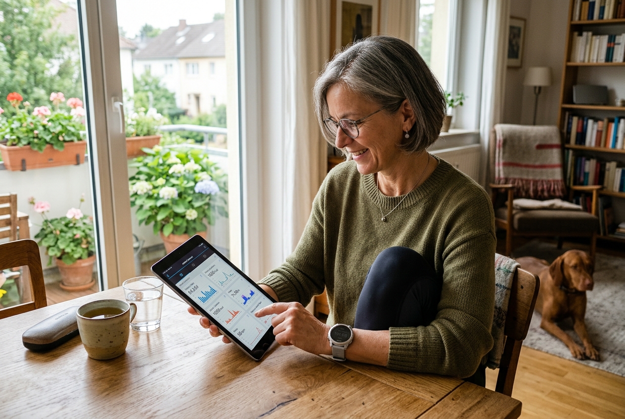Aktive Frau in den 50ern überprüft ihre Gesundheit und Fitnesswerte am Tablet