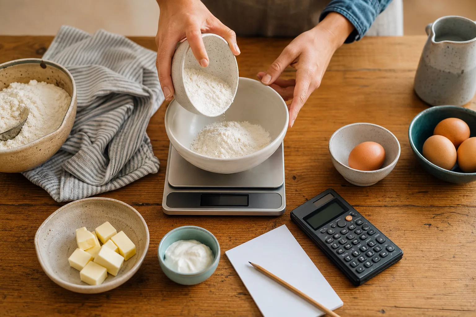 Person passt beim Backen Zutatenmengen mit Küchenwaage, Schalen, Rechner und Notizzettel an
