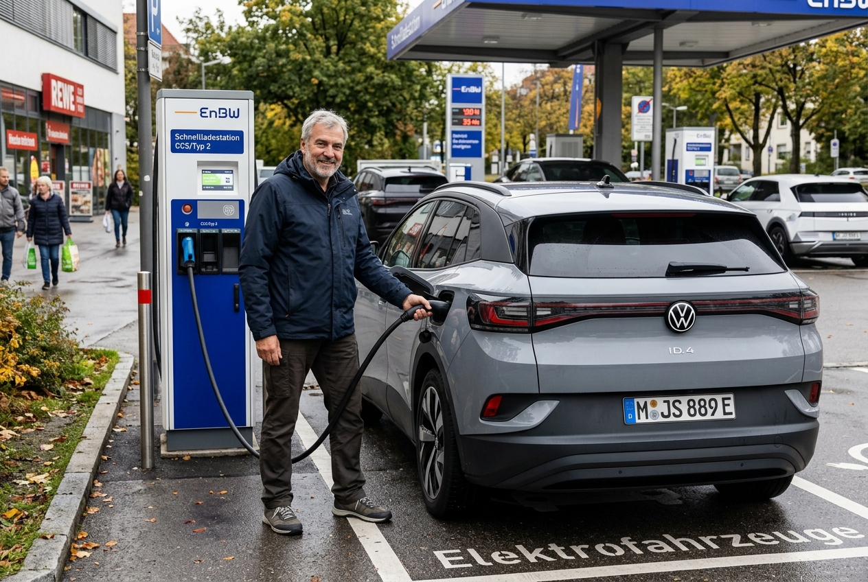 Fahrer lädt sein modernes Elektroauto an einer Ladestation auf