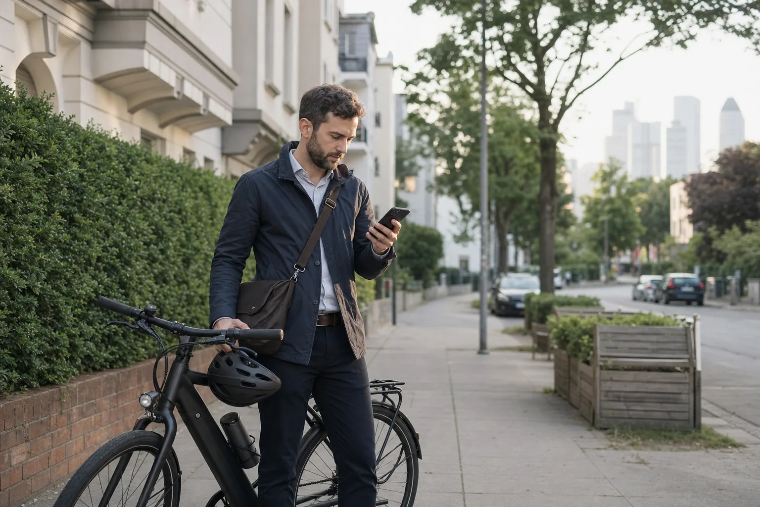 Berufspendler prüft vor der Fahrt seine Fahrradroute auf dem Smartphone