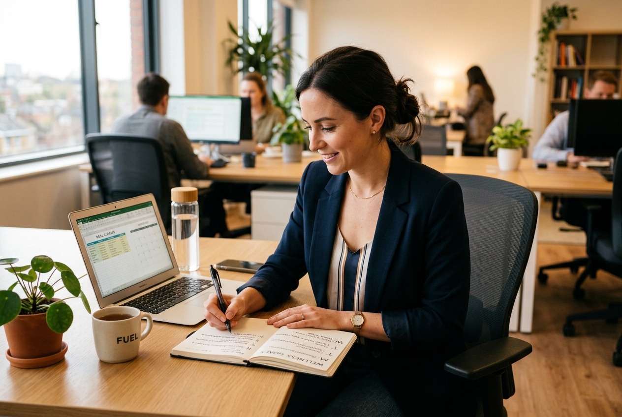 Angestellte im Büro plant Mahlzeiten und Fitnessziele am Schreibtisch
