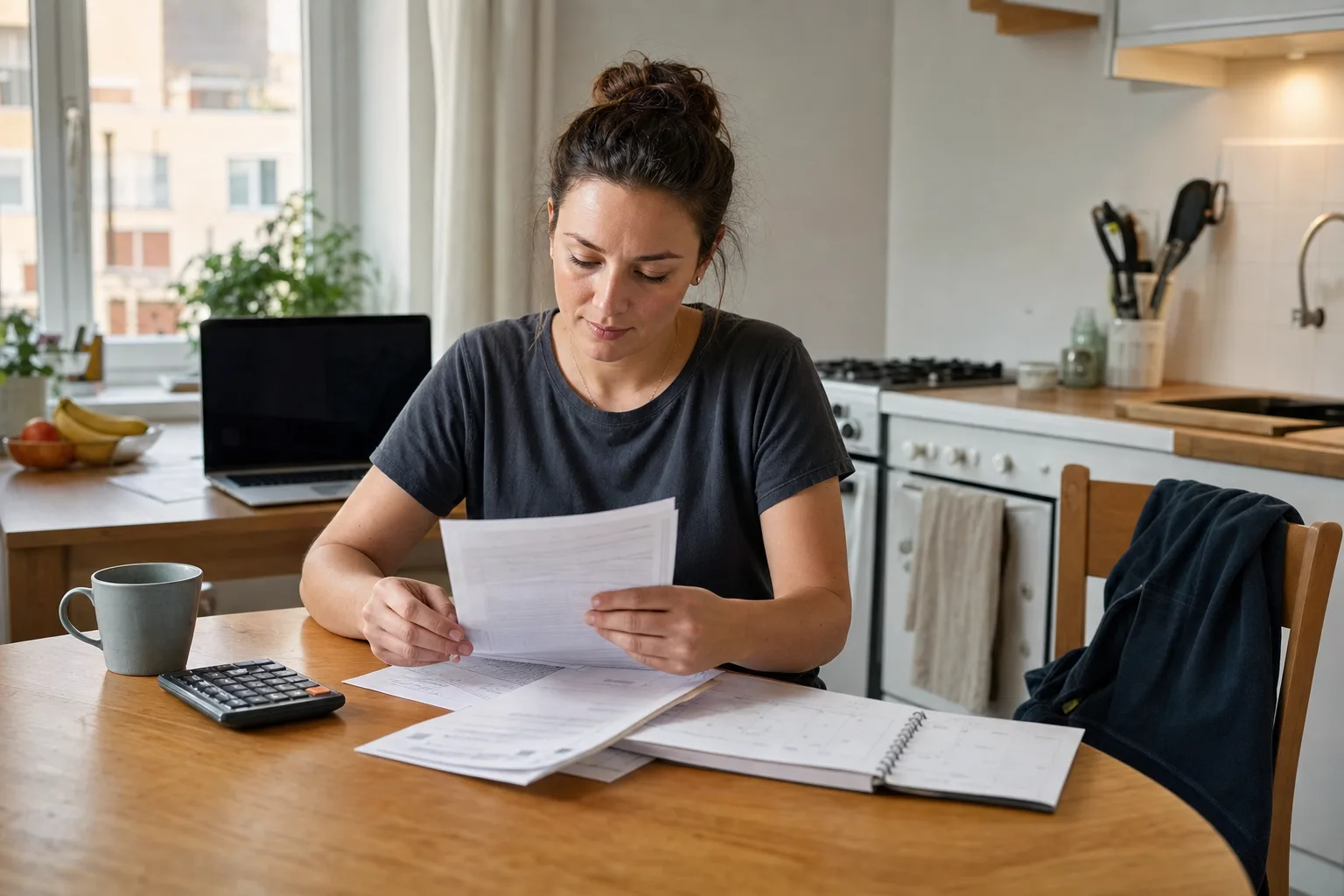 Teilzeitbeschäftigte prüft Abrechnung und Arbeitszeiten ihres Midijobs