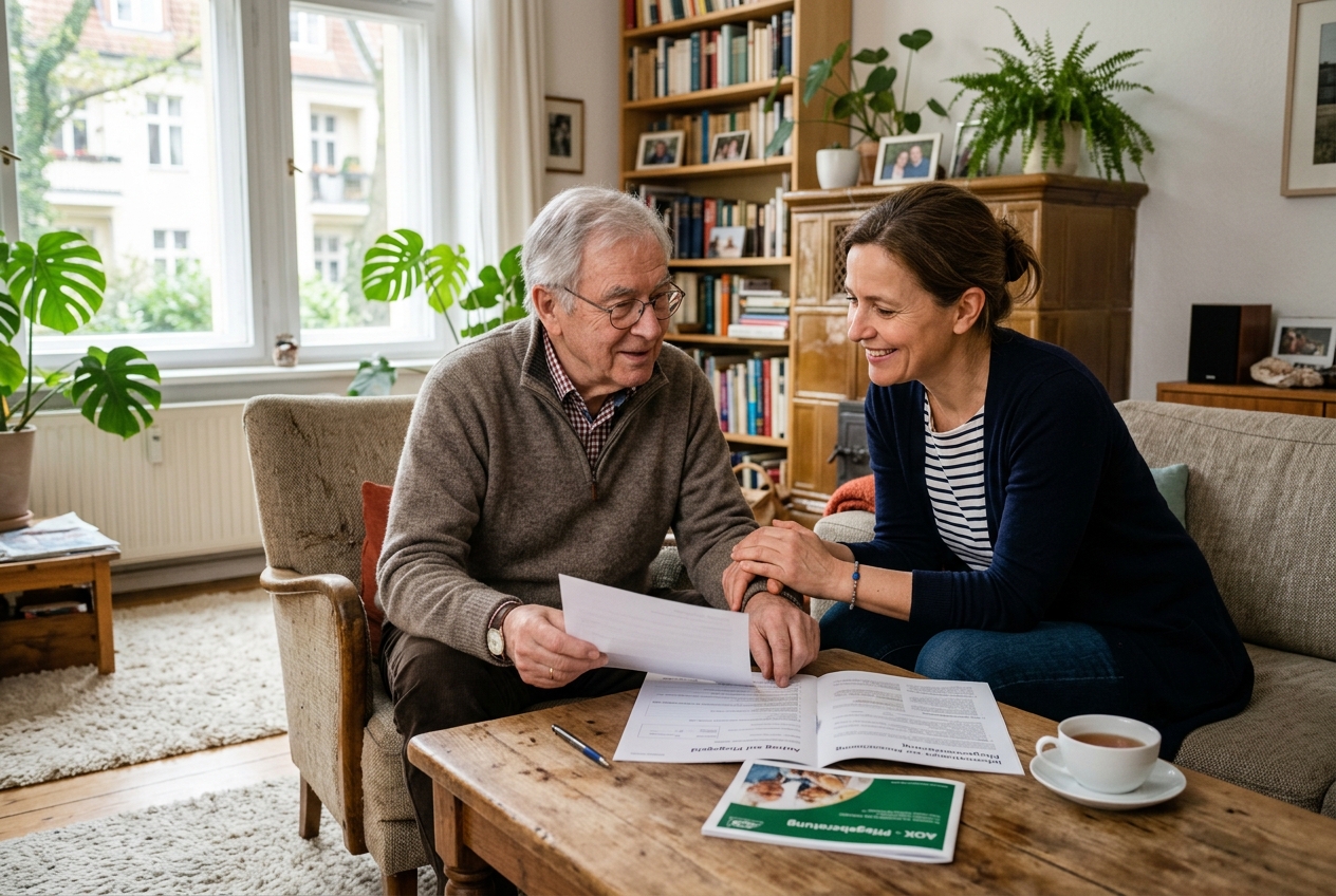 Angehörige bespricht Pflegegeld-Unterlagen mit ihrem älteren Vater
