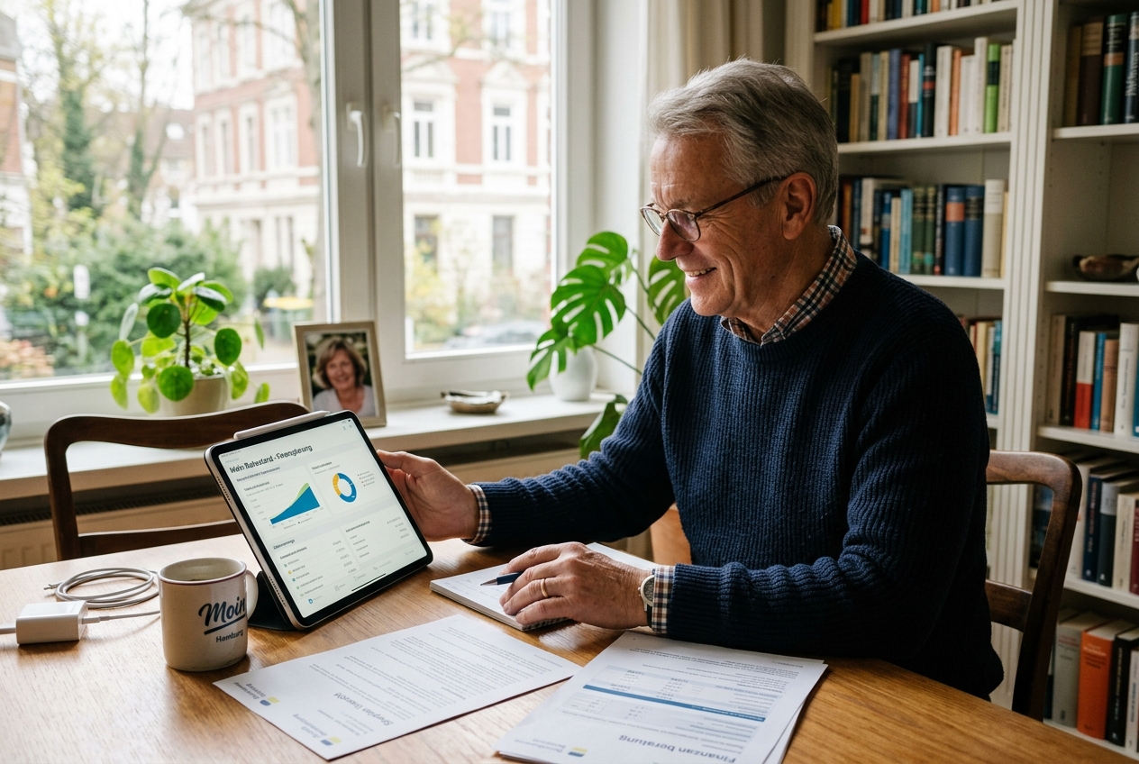 Aktiver Senior in Deutschland prüft seine Rentenunterlagen am Tablet