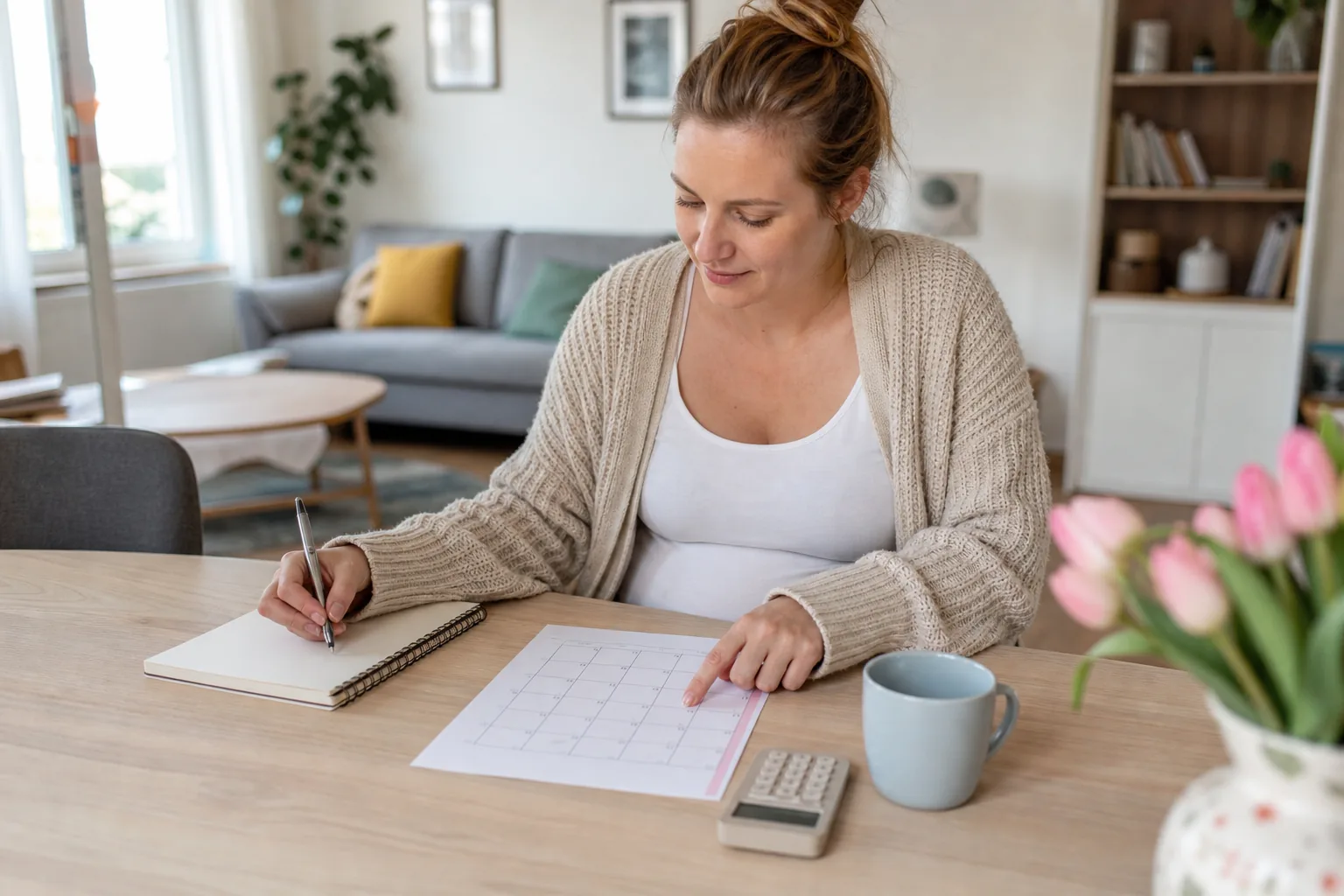 Eine Schwangere plant Termine mit Kalender und Notizbuch