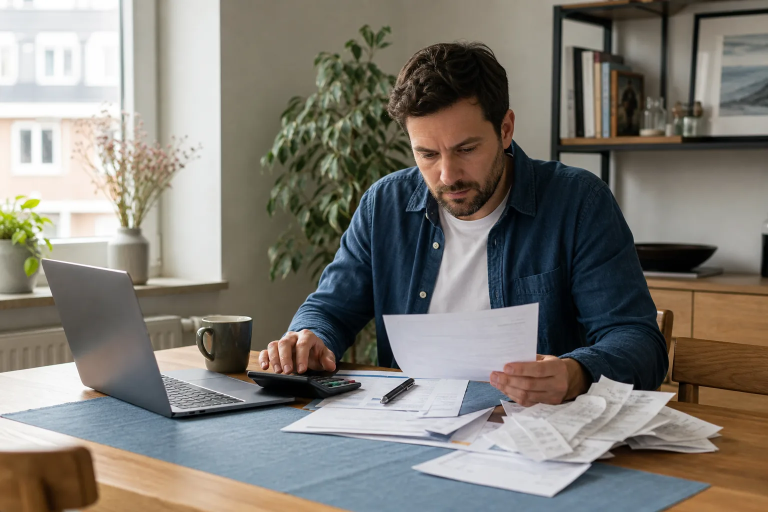 Arbeitnehmer sortiert Steuerunterlagen, Belege und Lohnsteuerbescheinigung an einem Tisch