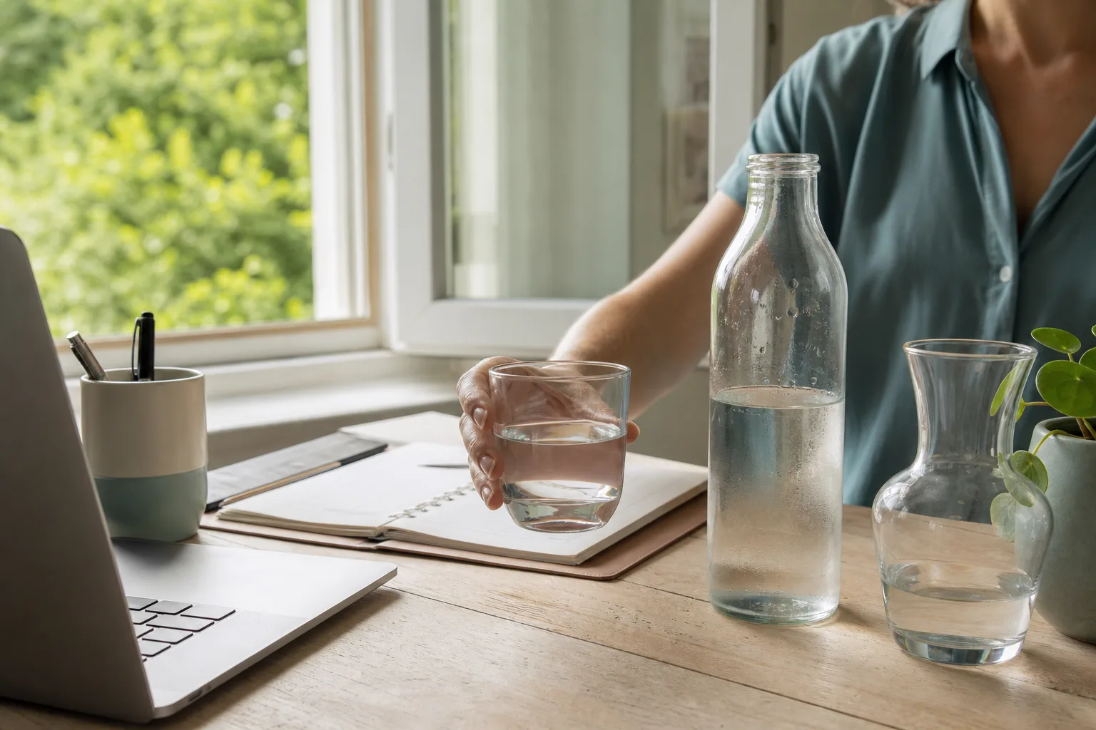 Person greift am hellen Arbeitsplatz nach einem Glas Wasser neben Flasche, Kalender und Laptop