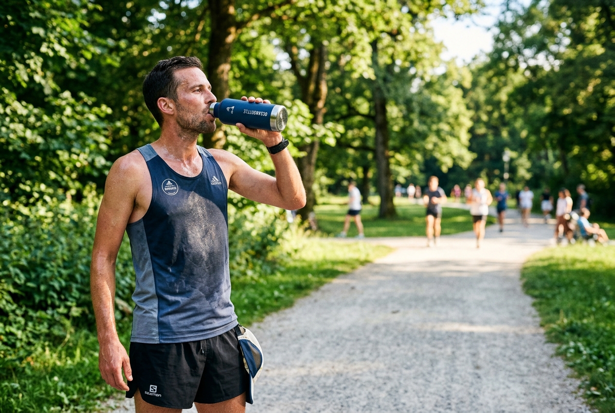 Sportler trinkt nach dem Laufen im Sommer frisches Wasser aus einer Flasche